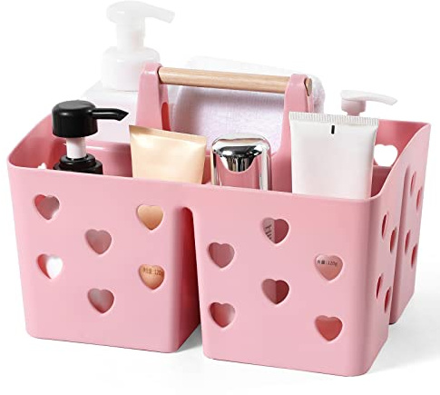 Anyoifax Portable Shower Caddy Plastic Shower Basket Organizer Divided Bathroom Caddy Storage Cleanning Caddy Tote with Handle for College, Dorm Room, Kitchen, Pink