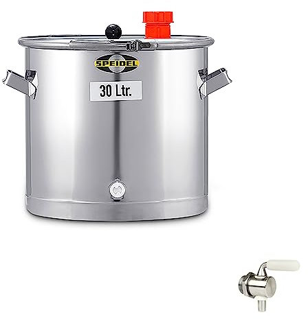 Gärbehälter Edelstahl 350 mm D, 30 Liter inklusive V2A Ablasshahn, Universalfass V2A Edelstahl für Lagerung, Transport und Vergären von Most, Wein, Saft, Gärfass Edelstahl 30L