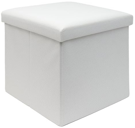 INTIRILIFE Faltbarer Sitzhocker 38 x 38 x 38 cm in WEIß - Sitzwürfel mit Stauraum und Deckel aus Stoff in Cord Optik - Sitzcube Fußablage Aufbewahrungsbox Truhe Sitzbank