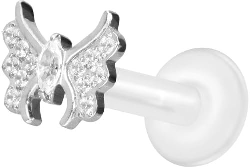 PIERCINGLINE PTFE Labret mit Gewinde + Titan-Aufsatz KRISTALLSCHMETTERLING Piercing Lippe Nase Ohr Helix Tragus Medusa 1,2x6 mm Silberfarben