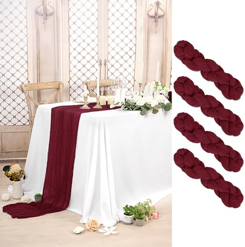 Pesonlook 4 Stück Käsetuch Tischläufer Burgunderrot Lang, 90 x 300 cm | 3 m lang, Rustikaler Gaze Stoff Boho halbtransparent Hochzeits Seihtuch Tischläufer für Hochzeit, Party, Brautparty，Bankett