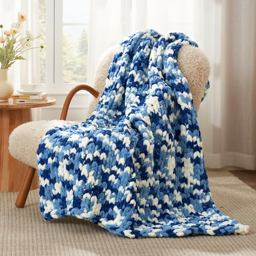 Amélie Home Chunky Knit Throw Blanket for Couch, Soft Chenille Handmade Crochet Throw Rope Knot Blanket for Couch, 50x60, Space-Dyed Blue