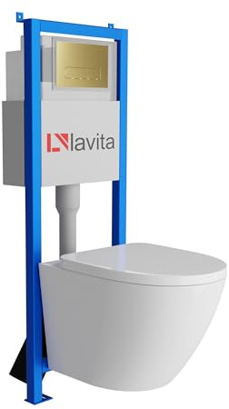 Lavita LAV 101 Vorwandelement für WC 40cm + Wand Hänge Tiefspül WC SOFI Weiß Spülrandlos + Bedienplatte LAV 200.3.5 Gold | Komplettset | Unterputz Spülkasten | Toilette Komplett Sett