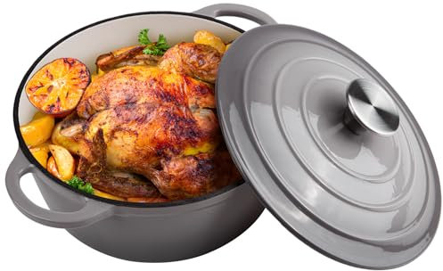 Cocotte en fonte émaillée de 3 litres avec couvercle – Grandes poignées doubles – Passe au four jusqu'à 260 °C – Cocotte ronde classique pour une cuisson polyvalente – Gris clair