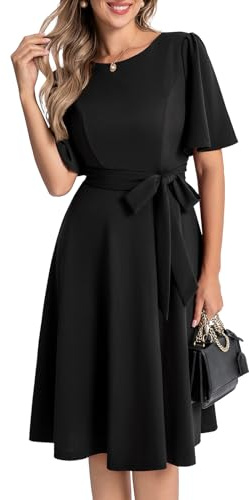 Bbonlinedress Robe de Soirée Femme Chic et Elegant Midi pour Cocktail Mariage Bal Promo Col Ronde Manches Courtes avec Ceinture