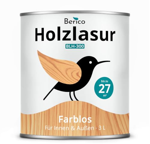 Berico Holzlasur - Farblos - 3 Liter Lasur - Transparent - Wetterfeste Holzschutzlasur für Innen und Außen - Holzschutz, Wetterschutz und UV-Schutz