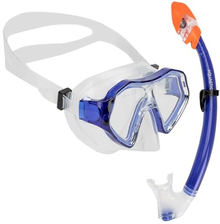 AQUASTIC Set da Snorkeling per bambini SHELLY JR 2in1 Maschera e Tubo Snorkel Colore Blu Scuro Maschera con Vetro Temperato Boccaglio per Mare e Vacanze Impermeabilità e Comfort