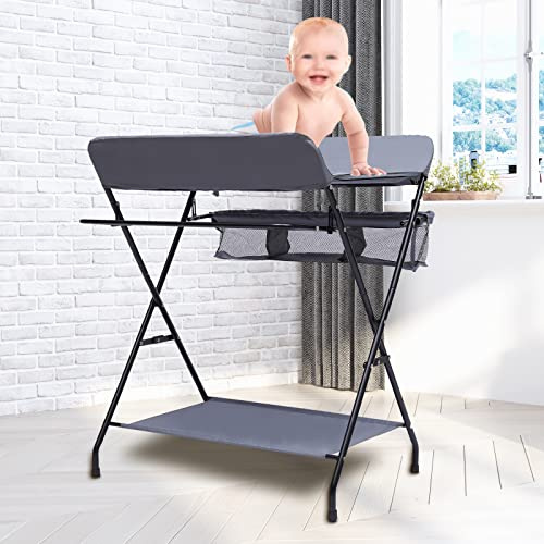 Baby Wickelkombi Höhenverstellbar Wickeltisch mit 3 Fächer klappbare Wickelkommode Wickelauflage mit Sicherheitsgurt, für Babys unter 12 Monaten, 80 x 63 x 96 cm
