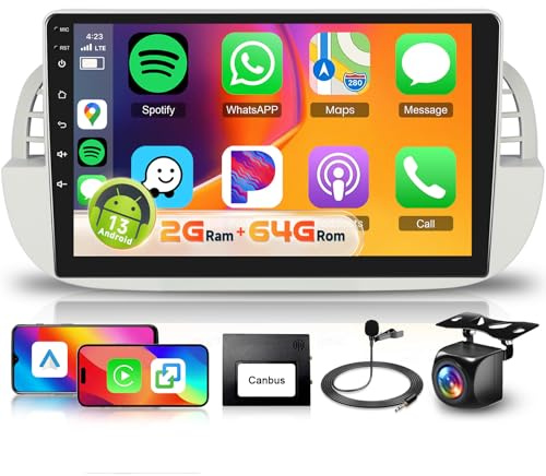 4 Core+64G Android Car Stereo for Fiat 500 2007-2015 Radio Upgrade with Wireless Carplay Android Auto, Hodozzy 9 Touchscreen Bluetooth Car Radio GPS WiFi FM/RDS EQ SWC AHD Reversing Camera