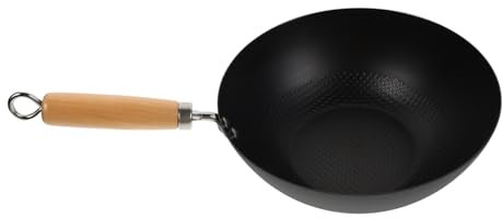 GRIRIW Padella Wok Piccola in Ferro Giapponese Da 24 Cm, Wok Tradizionale a Fondo Tondo, Manico Termoisolante Resistente Al Calore Per Cucina Domestica e Fornelli a Gas