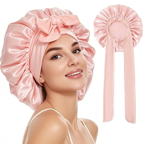 UNIANE Bonnet en soie pour dormir les cheveux longs, bonnet en soie, bonnet de nuit doux double face pour cheveux bouclés, bonnet de nuit, bonnet de nuit pour protéger les cheveux, Rose cerisier en