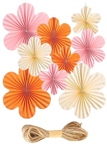 Papierblumen Wanddekoration Set, 9 Stück Papier Fächer Dekoration, 3 Größen (20/25/35 cm), Pink-Orange-Creme, mit Juteschnur, Faltbare Blüten für Partys und Feste