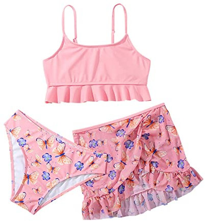 Allbestop Mädchen Kinderbadeanzug 3-Teiliges Bikini-Set Mit Röcken Blumendruck Bademode Bikinis Bikini Kinder Mädchen Bikini Set Einfarbige Badeanzug Mit Rock Tankini
