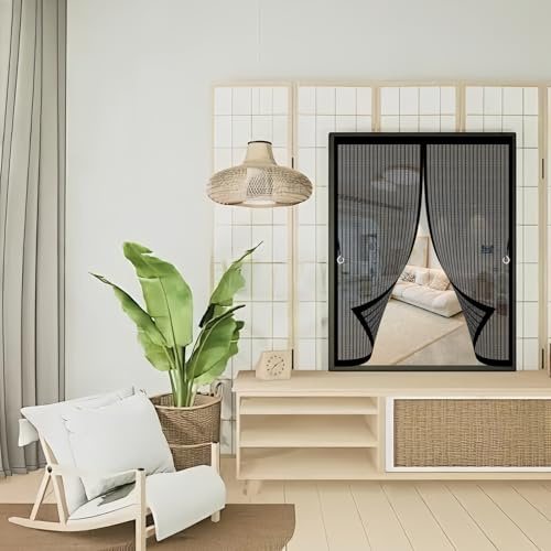 Moustiquaire Fenetre Coulissante 134 x 112 cm Anti-Moustiques, Fermeture Automatique, Sans Perçage, Maille Fine, Rideau Magnétique pour Portes, Différentes Tailles, Noir