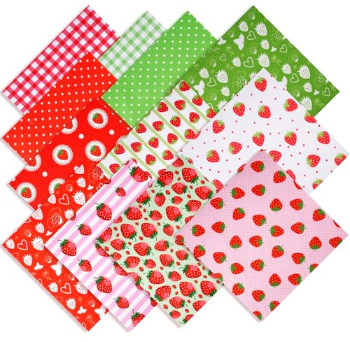 LetCart Tela de algodón floral, tela para coser por metro, 12 paquetes de tela de algodón de fresa de 46 x 56 pulgadas, telas de retazos para acolchado, costura y manualidades