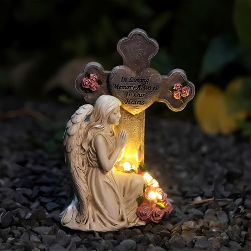 Tuzsocr Solar Engel für Grab Wetterfest,Betende Engel Gartenstatuen,Kreuzen Grablichter für Draußen,Schutzengel-Figur mit LED Solarleuchte,Grabengel Skulptur Deko Rasen,Terrasse,Fensterbank (Beige)