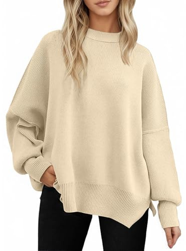 Yutdeng Jersey Mujer Invierno Sueter Manga Larga Oversize Jersey Anchos Largos con Abertura Pullover Elegante Cuello Redondo Sweater Fino Punto Jerséis para Mujer Suéter Otoño Camiseta,Beige,XL