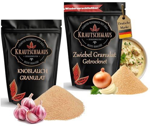 Knoblauch & Zwiebel Granulat Set von Krautschmaus – Küchenbasis für Saucen, Dips & Marinaden – Knoblauchgranulat & Zwiebelgranulat – Herzhafte Gewürze, je 400g