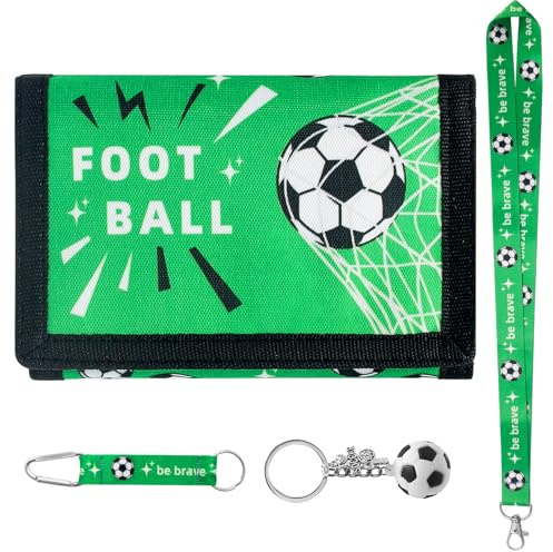 Rwbimti Portafoglio Ragazzo Calcio con Moschettone, Portafoglio Pieghevole Multifunzione, 2 Cordini e Portachiavi, Scomparti Organizzati, Regalo per Adolescenti Bambini, Ideale per Scuola Sport