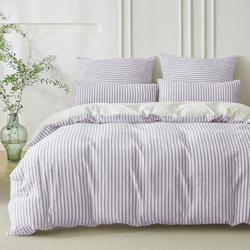 SOULFUL Bettwäsche 135x200 Baumwolle 4teilig Gestreift Jacquard Violett | Gewaschene Baumwolle Boho Bettwäsche-Sets mit Reißverschluss Atmungsaktiv Enthält 2 Bettbezug 135x200 und 2 Kissenbezug 80x80