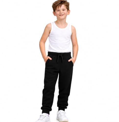 COSHAL® Cuffed Jogger Kids Athletic Jogger Sweatpants Boys Girls Fleece Jogging Bottoms Kids Sports PE Joggers Children Unisex Fleece Trousers Classic Bottom Cuff Joggers 11-12 Black