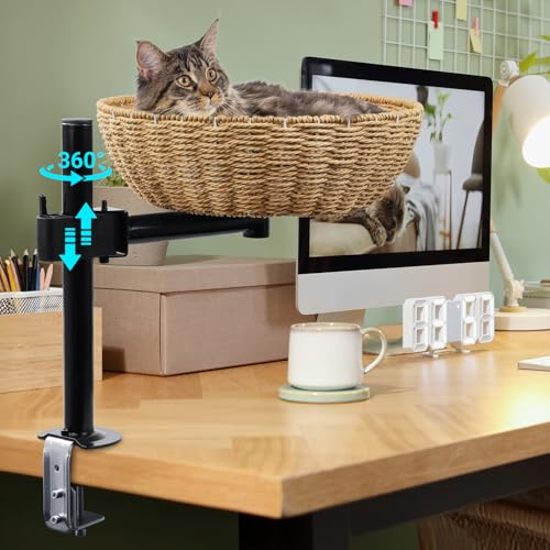 Katzenbett für Schreibtisch - 360° Drehfunktion & höhenverstellbar, Montage ohne Bohren, erweitert den Arbeitsplatz, Ergonomisches Katzenhaus hält Ihre Katze nah, für einen aufgeräumten Schreibtisch