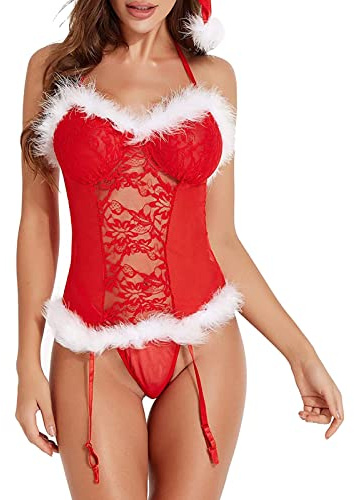 Lingerie Femme Sexy Noël Body Rouge Noël Mère Sexy Coquine Hot Déguisement Saint Valentin Adulte Robe De Nuit Fantaisie Charmant Babydoll en Dentelle Florale Roleplay 1/2/3 Pièces Nuisette