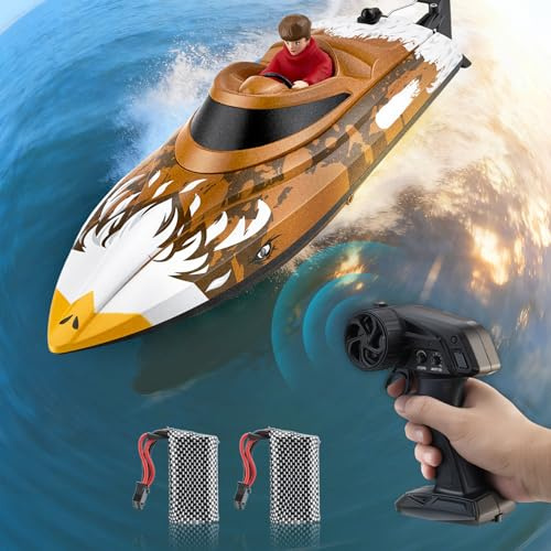 Strixorn Ferngesteuertes Boot mit LED-Beleuchtung, RC-Boot, 35 km/h, Selbstaufrichtend, 2 Akkus, 2,4 GHz Fernsteuerung, Wasserdicht & Kentersicher, für Kinder &Erwachsene,Pool & See (gelb)