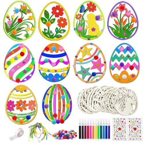 JOYEASE Ostern Basteln Kinder, 274 Stück Holzanhänger Ostereier zum Bemalen, Oster Bastelset Kinder ab 3 4 5 6 7 8 9 Jahre, Ostergeschenke Kinder, Osterdeko Basteln mit Pompons Aquarellstift Strass