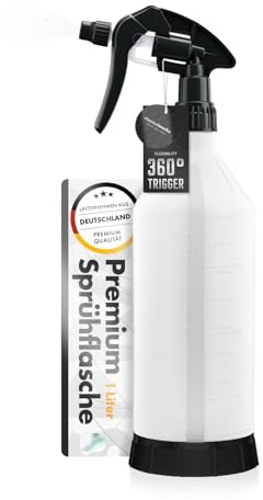 Chemicalworkz Sprühflasche Schwarz 1L mit Canyon Trigger | 360° Sprühfunktion über Kopf, Messskala & Sichtleiste | Verstellbare Düse von Vollstrahl bis Sprühnebel für Auto, Haushalt & Garten