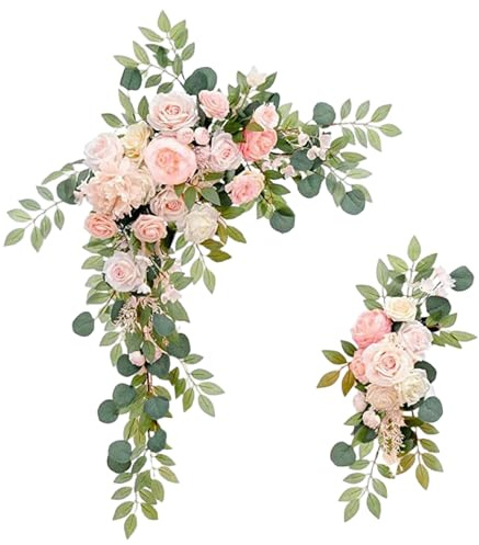 Joygoodta 2 Piezas de Flores de Arco, guirnaldas de Flores Artificiales de Boda, peonía de Seda con vegetación, Artificiales de Boda para Carteles de Bienvenida, centros de Mesa