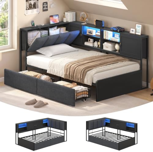 KIMENICH Polsterbett Schlafsofa 90x200 cm, Jugendbett 90x200 cm mit LED-Beleuchtung und Ladestation, Tagesbett mit 2 Schubladen, Seitenschrank mit Schiebetüren, Kopfteil mit Stauraum, Schwarz