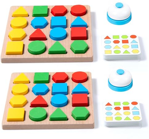 2-teiliges Holzpuzzle, 2-Spieler-PK-Form passende Blöcke mit Karte und Glocke, lustiges, sicheres Geometrie- und Gedächtnisspiel für Kinder Senioren