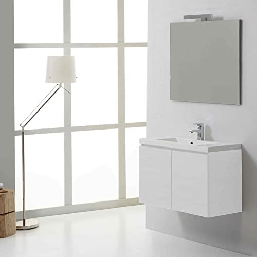 Kiamami Valentina - Meuble de Salle de Bain Suspendu 80cm avec 2 Portes Blanc forêt, lavabo en résine et Miroir 80x70 | Manhattan
