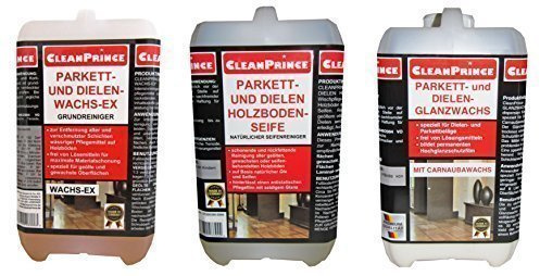 3 x 2 Liter Parkett + Dielen Pflegeset, je 2 L Glanzwachs, Holzbodenseife, Wachs-Ex, Wachsentferner Schichtenlöser/Versiegelungsdispersion, ohne Lösungsmittel, Wischen, Bohnern, Holzboden glänzend