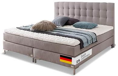 WELCON Rockstar Boxspringbett 180x200 cm Grau – Härtegrad H3 mittelhart (bis 90 kg), über 1000 Federn, Taschenfederkern Doppelbett