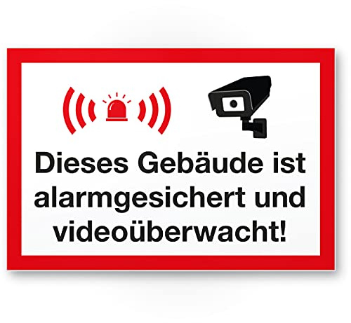 Komma Security Gebäude Alarmgesichert Videoüberwacht Schild - Achtung Vorsicht Videoüberwachung - Hinweis Hinweisschild Videoüberwacht - Warnhinweis