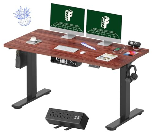 FLEXISPOT EN2 Whole-Piece Standing Desk with Clamp Power Strip, 55 x 28 Electric Stand Up Height Adjustable Desk with Cable Management (Black Frame + 55 Mahogany Top, 2 Packages)