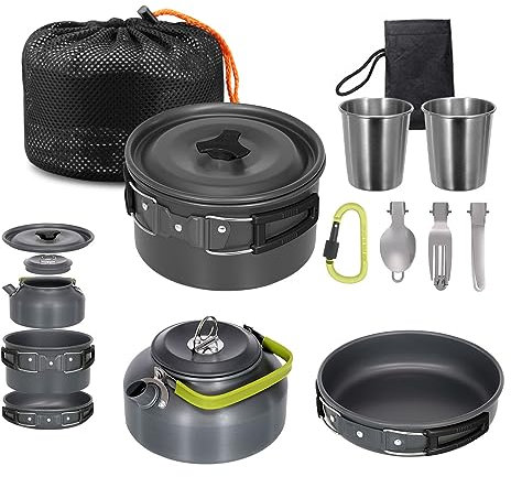 Lixada Camping Kochgeschirr Set Leichte Camping Topf Aluminium Pan Kettle Cups Löffel Gabel Cutter für Picknick Wandern Kochen Camping 2-3 Personen