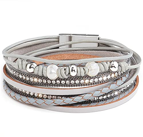 Gleamart Leather Cuff Bangle Magnetic Buckle Pearl Multilayer Wrap Bracelet Friendship Braided Bracelet for Women Gray with Cyan
