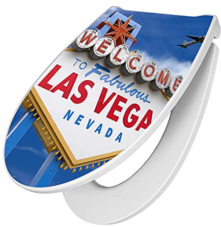 banjado Premium Toilettendeckel mit Absenkautomatik 45x38,4cm / WC Brille Soft Close/hygienischer Toilettendeckel/Klodeckel Duroplast mit Edelstahl Scharnier/Motiv Las Vegas