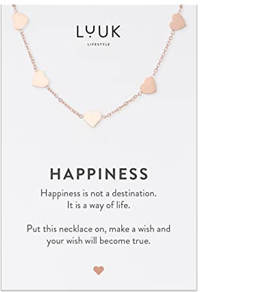 LUUK LIFESTYLE Collar de filigrana con varios colgantes en forma de corazón y tarjeta HAPPINESS, de acero inoxidable de calidad, idea de regalo para mujeres y niñas, estilo delicado, rosa