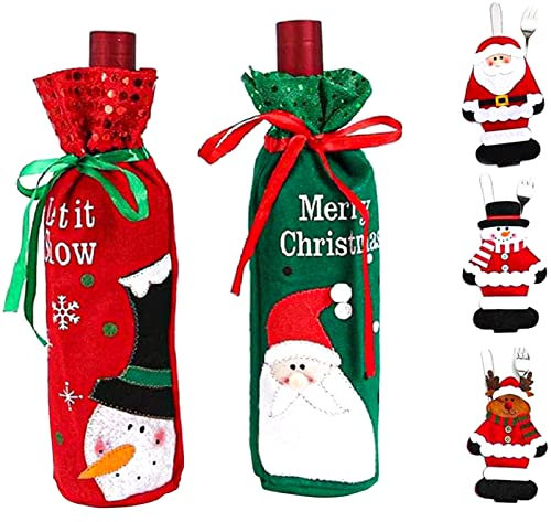 Ensemble de Bouteilles de Vin de Noël Couvertures de Cadeaux et Cuillères Fourchette Couteau Couverts Sacs Vaisselle Supports pour Les Fêtes Dîner Décoration de Table Cadeaux