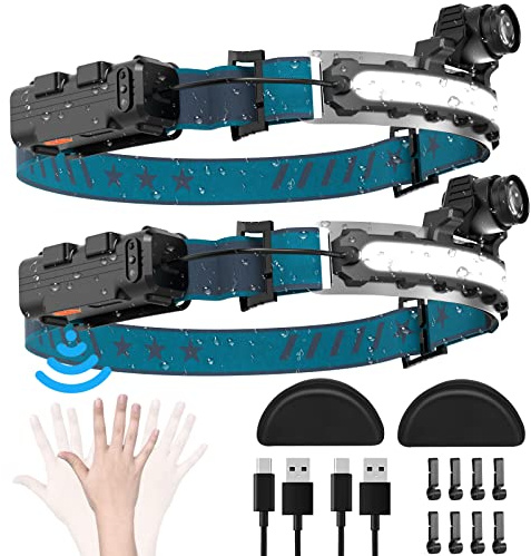 LED Headlamp Rechargeable, Super Bright 1000 Lumens 270° Wide Beam Headlamp with Motion Sensor,6 Lighting Modes, IPX4 Waterproof Head Lamp Suitable for Camping, Hiking, Working Hard Hat Headlight 2pcs