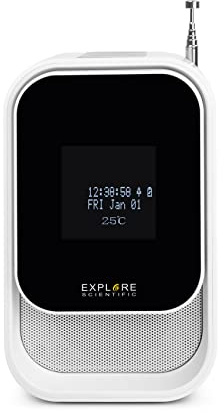Explore Scientific BCR2001 Radio-réveil Haut-Parleur avec Fonction Dab+, Bluetooth, Prise USB, Batterie Rechargeable, Blanc