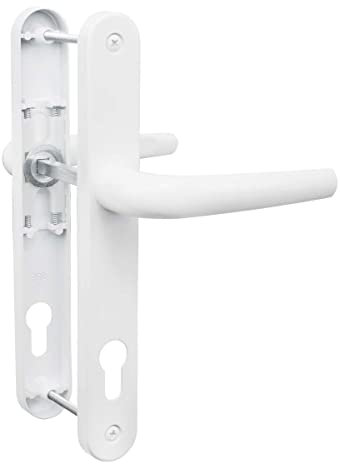 Bwintech UPVC Türgriff, weiß, 92mm Dornmaß, 210mm Schraubenabstand, 243mm Rückenplatte. Hochwertiges Federsystem. Geeignet für alle UPVC Haustüren, Terrassentüren.