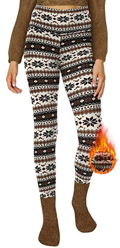 DDOBB Thermo Leggings Damen Gefüttert High Waist Thermoleggins Lang Mit Innenfleece Warm Teddy Sportleggins Strumpfhosen Thermohose Laufhose Winterkeid(B-Schneeflocke, (DE42-48)=L-XL)