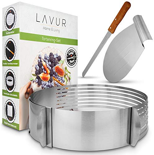 Tortenring - Backform im 3er Set aus Tortenring, Kuchenretter und Küchenmesser - hochwertiges Design - 23-30cm Durchmesser - Ring stufenlos verstellbar - Schneiden von 8 Böden