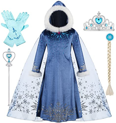 Hallojojo Winter Elsa Kleid mit Kapuze Mädchen Prinzessin Eiskönigin kostüm Kinder Schneekönigin Verkleidung Geburtstag Party Halloween Weihnachten Karneval Cosplay Krone Diadem Handschuhe Zauberstab