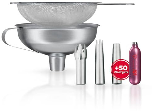 ISI Sahnespender Zubehör Set mit 3X Edelstahltüllen + 750ml Trichter + Sieb + 50x iSi Sahnekapseln - passend zu Gourmet Whip Sahnesiphon, Thermo Whip & Creative Whip - für Saucen, Espumas UVM.